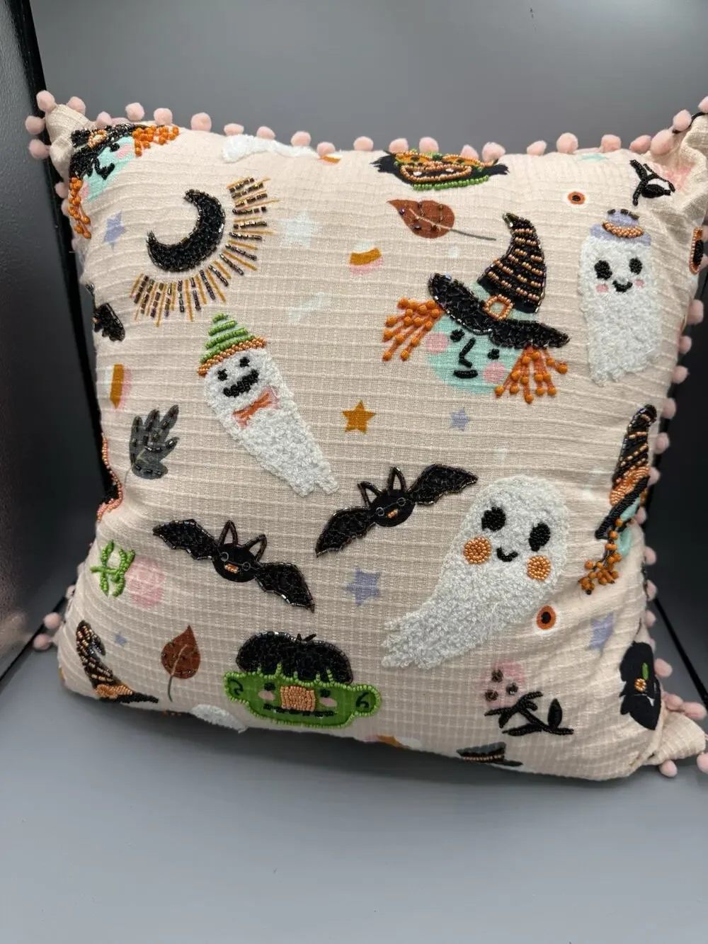 Halloween Beaded Embroidered Throw Pillow Ghost Witch Bat Pumpkin 14” Pom Pom